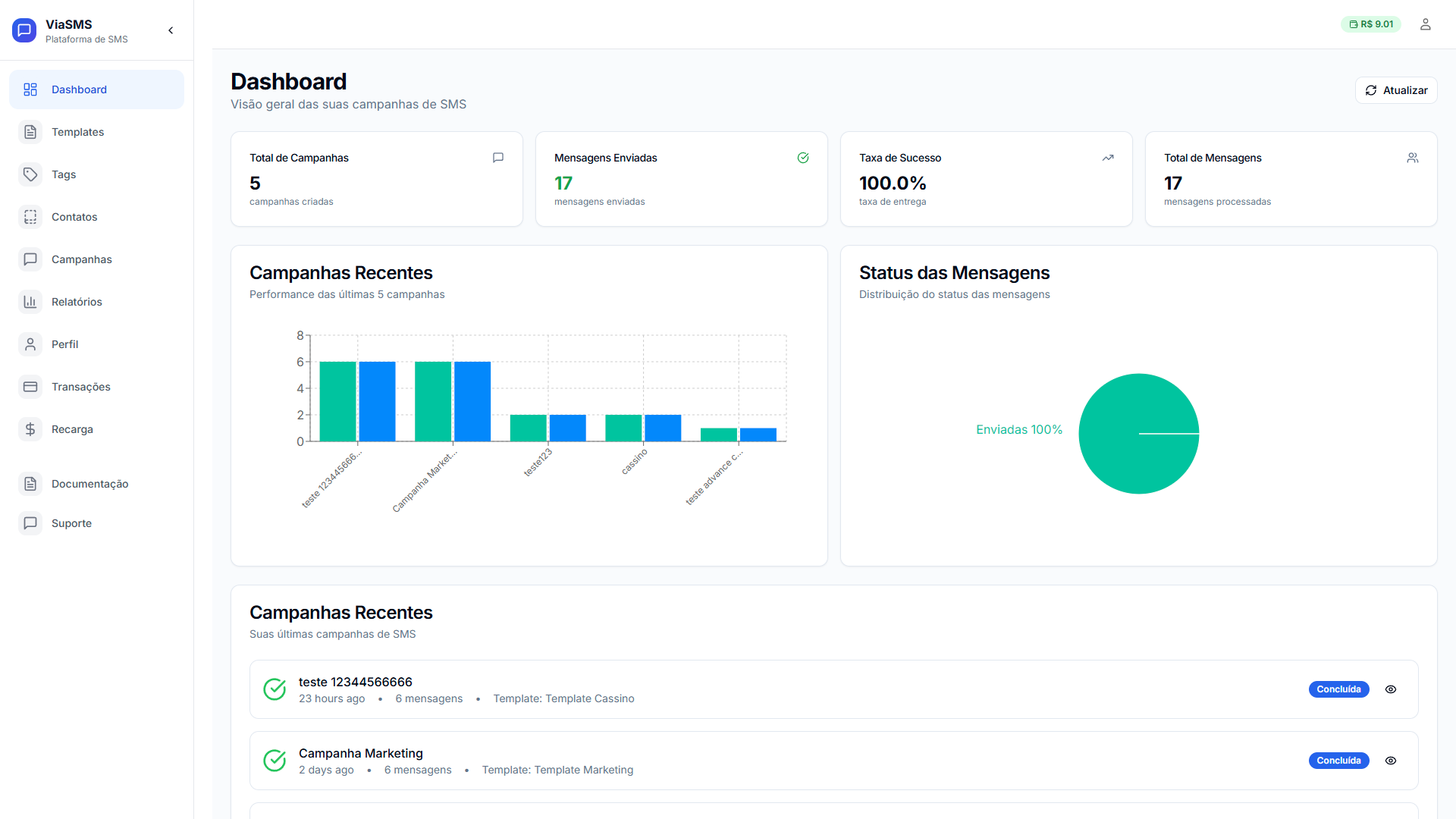 Dashboard da plataforma ViaSMS - Interface completa de gerenciamento de campanhas SMS