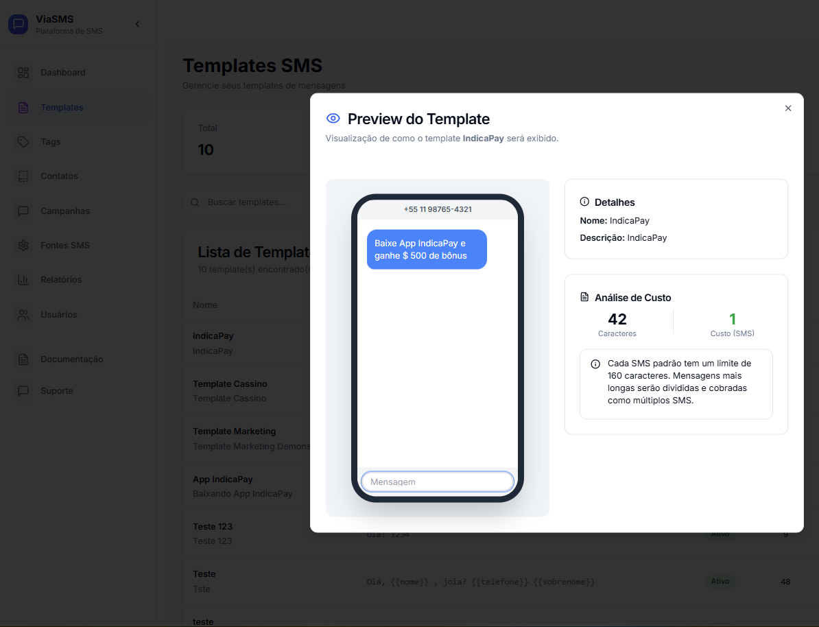 Interface de templates da ViaSMS mostrando preview de mensagem SMS personalizada